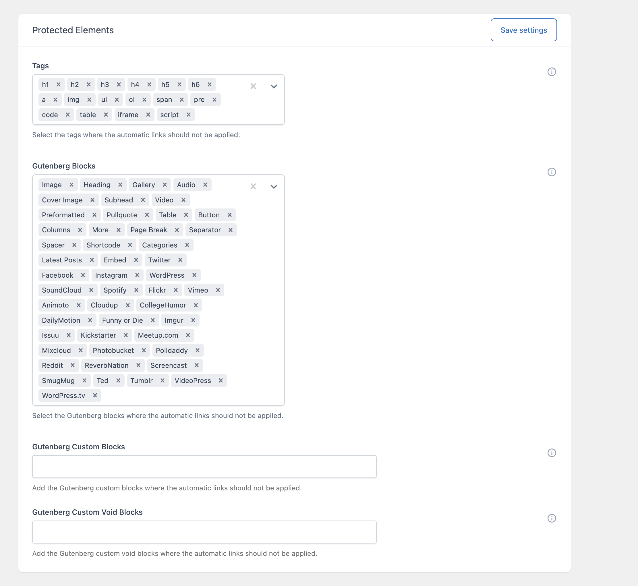 The Protected Elements card in the Settings menu showing the Tags, Gutenberg Blocks, and Gutenberg Custom Blocks fields.