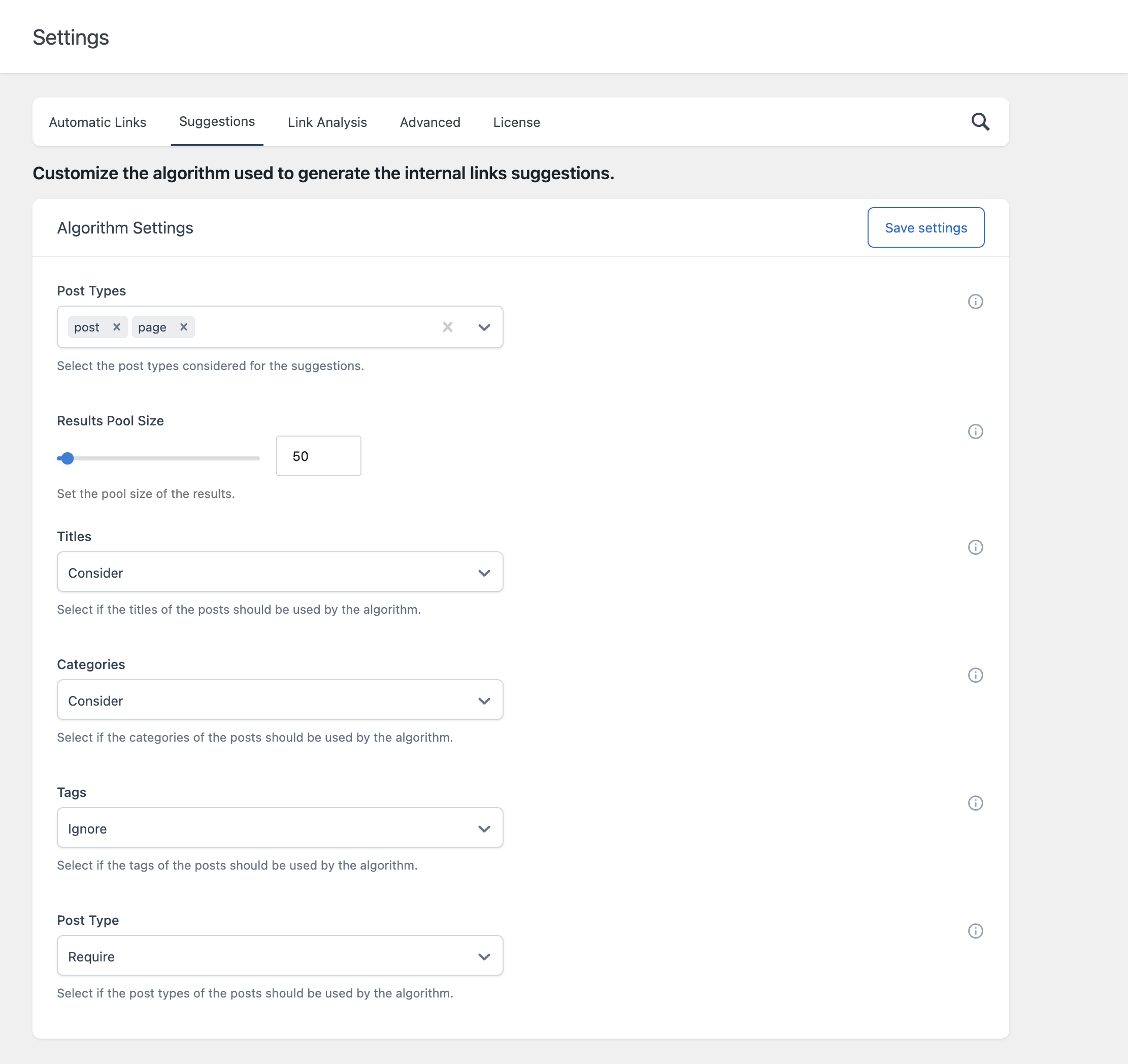 The Algorithm Settings card in the Suggestions section of the Settings menu, showing the Post Types, Results Pool Size, Titles, Categories, Tags, and Post Type fields.