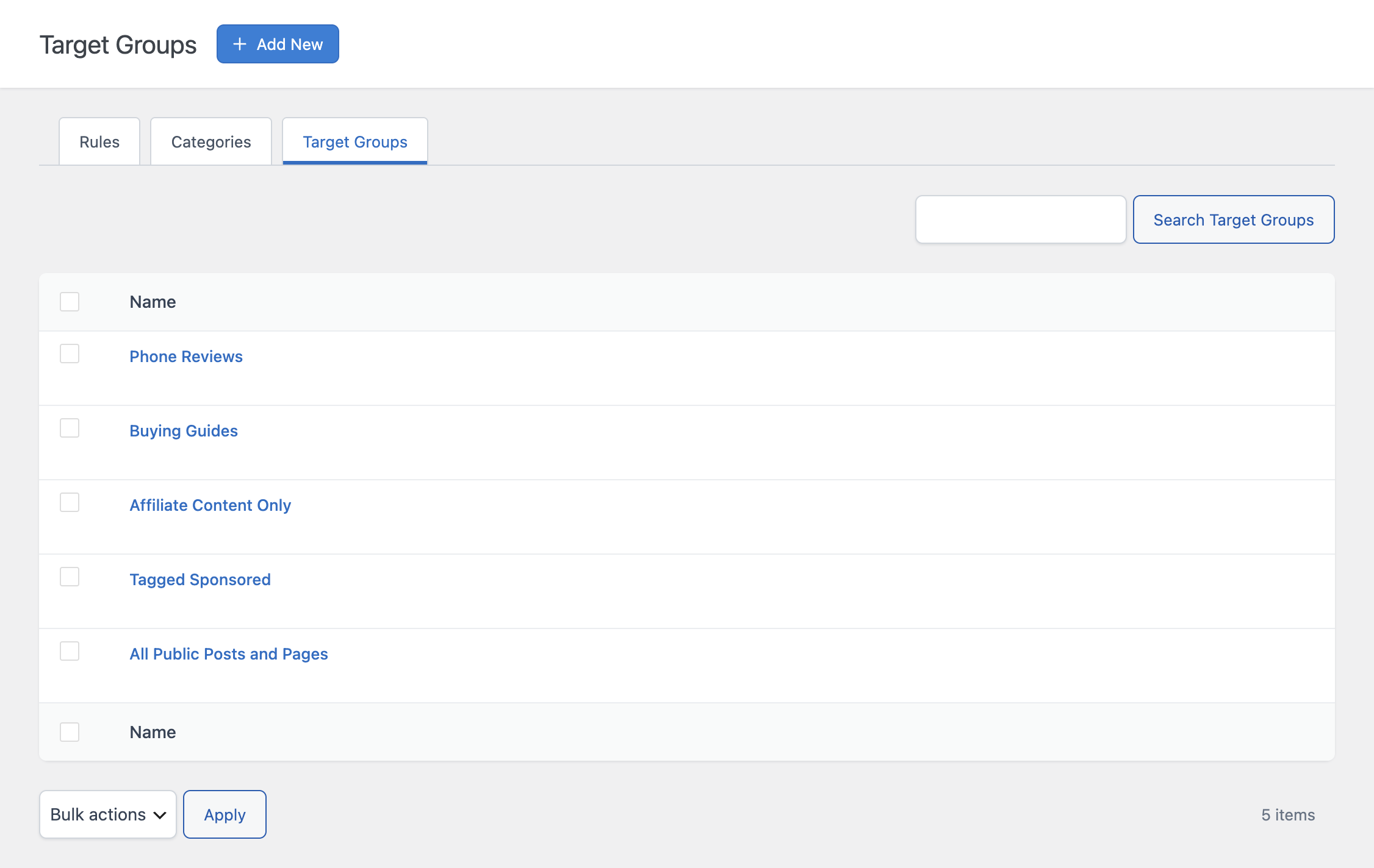 The Target Groups tab of the Auto Link Rules menu showing the list of existing target groups.
