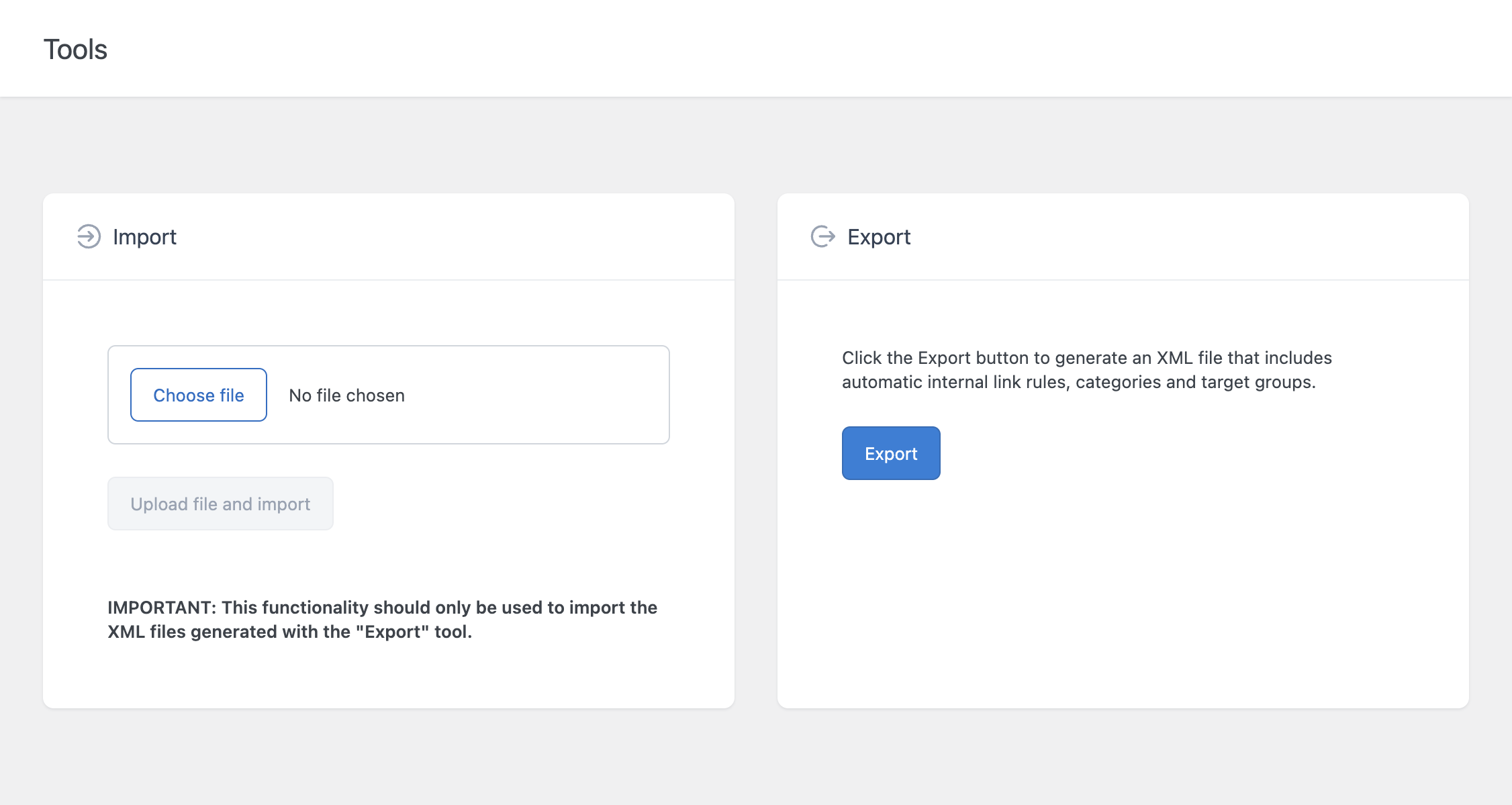 The Export section of the Import & Export menu in Interlinks Manager Pro, showing the Export button.