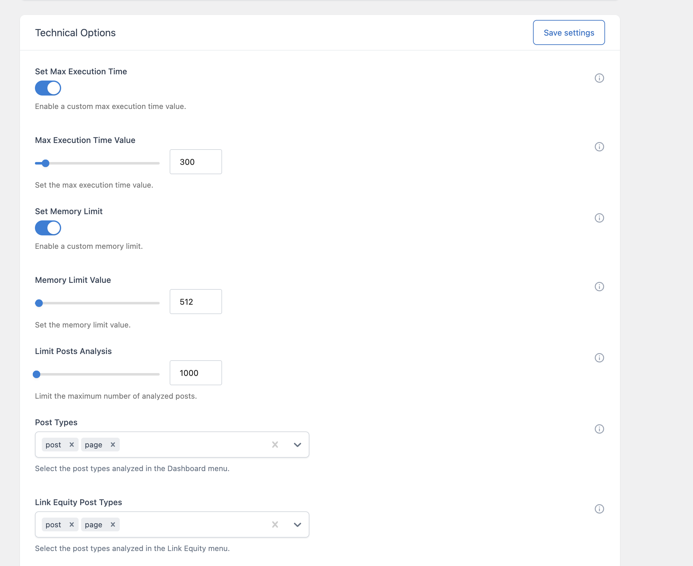 The Technical Options card in the Link Analysis section of the Settings menu, showing the execution time, memory limit, and post type fields.