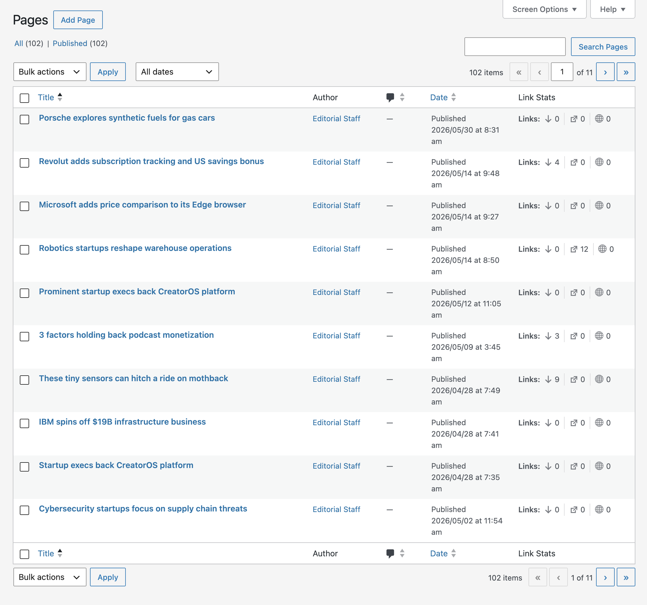 The Link Stats column generated by Link Manager in the WordPress post listing, showing the inbound internal, outbound internal, and outbound external link counts for each post.