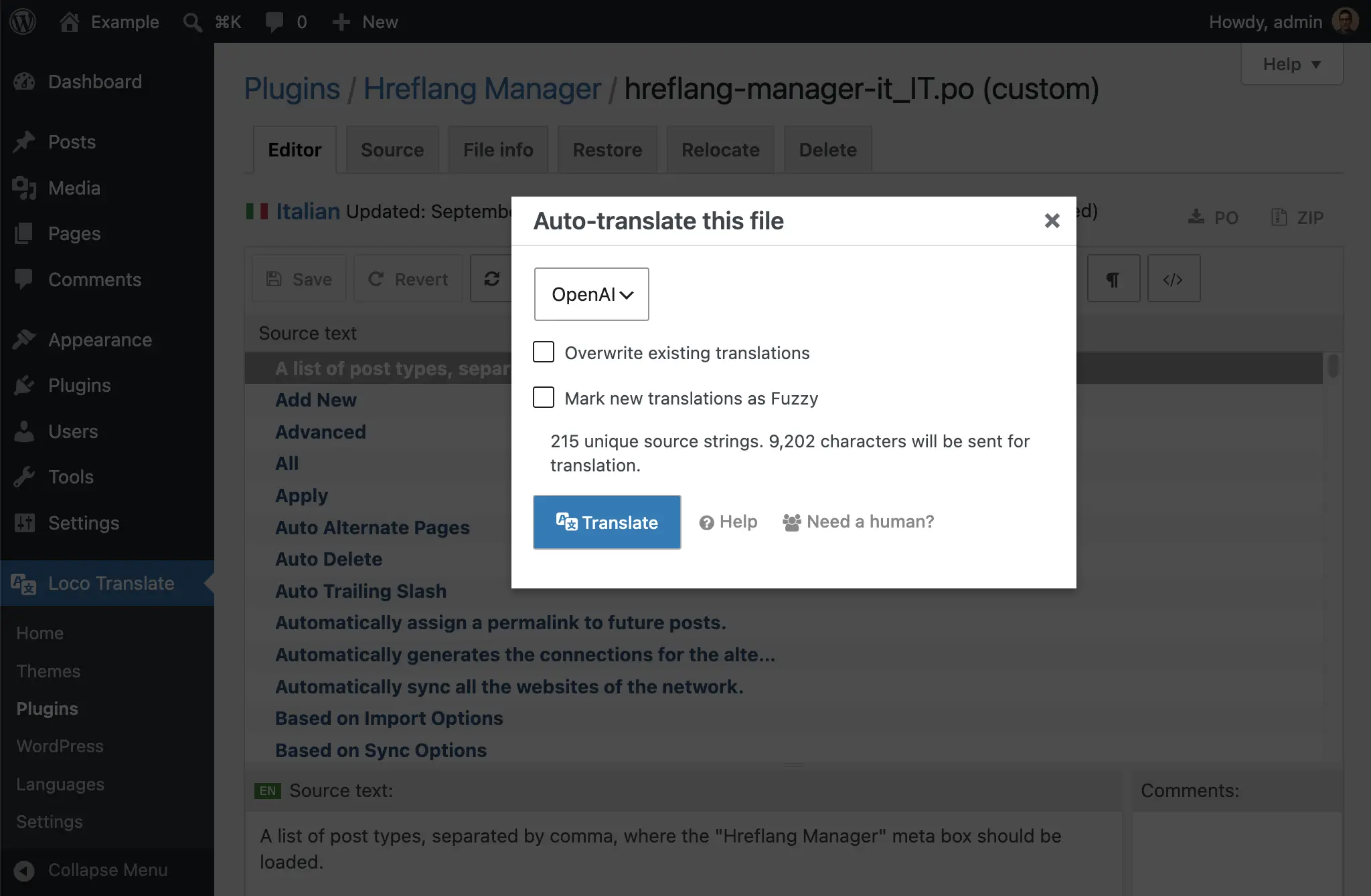 Loco Translate automatic translation dialog with the provider selection and the character count