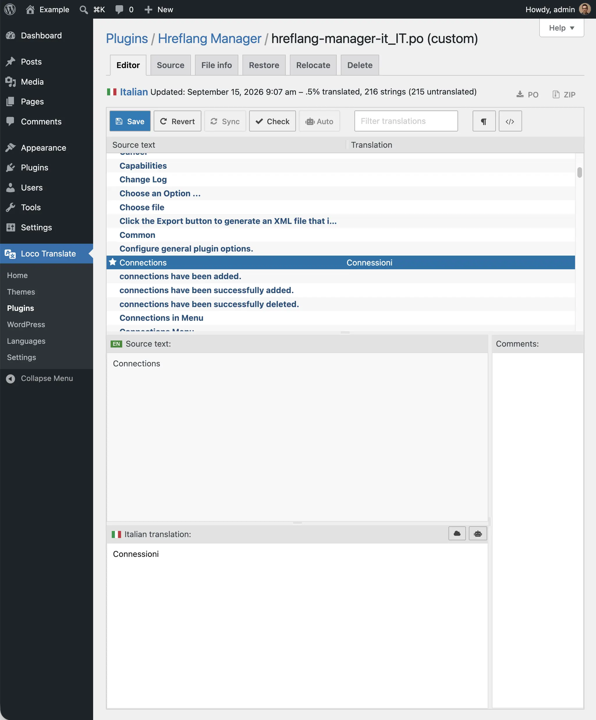 Loco Translate editor showing the string list at the top, the English source text and the translation field below.