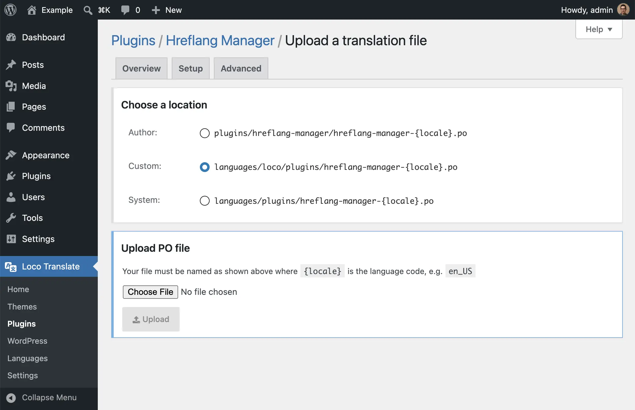 Loco Translate file upload interface for importing an existing PO file