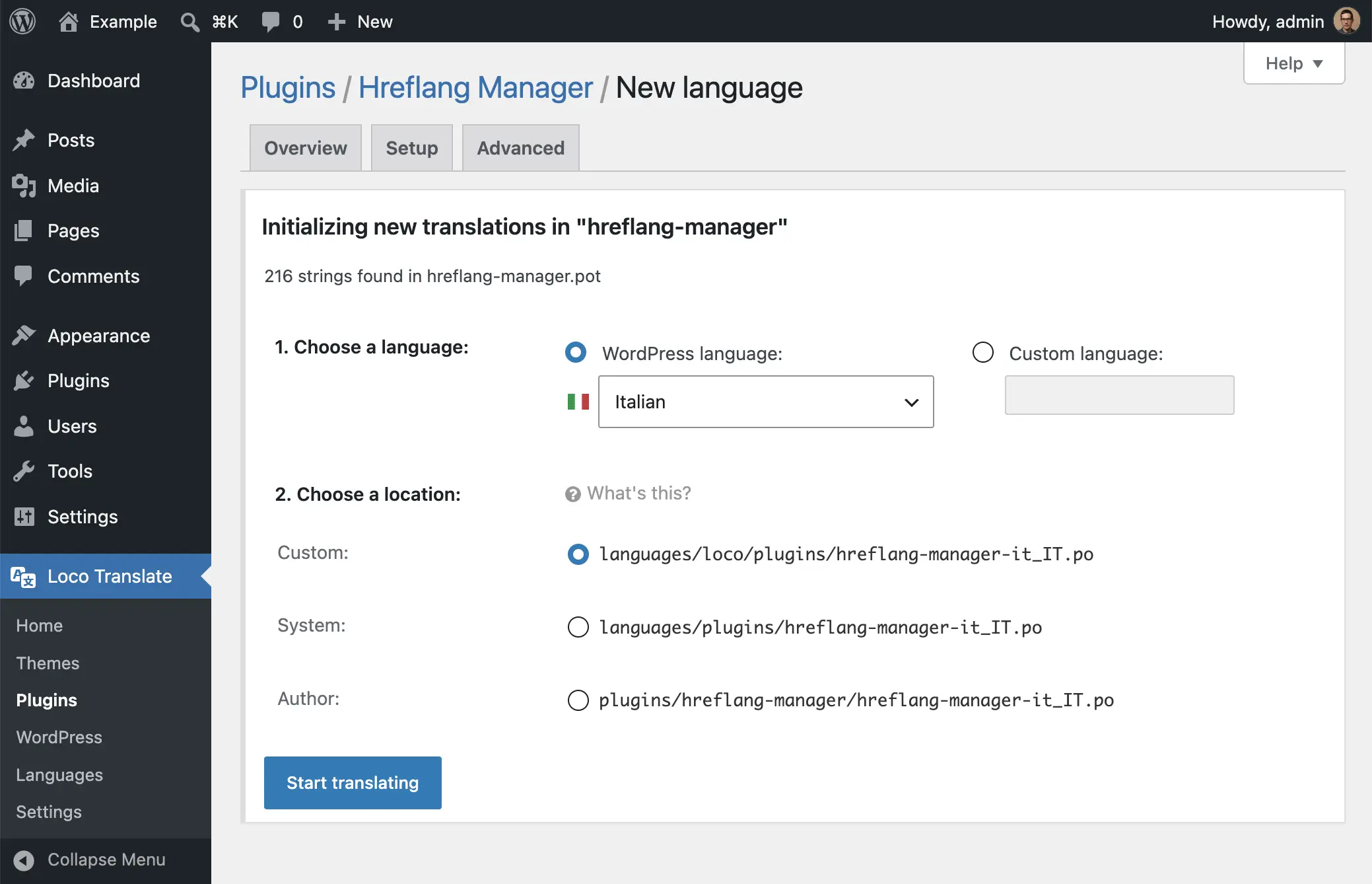 Loco Translate new language screen with the language dropdown and the Author, System and Custom location options