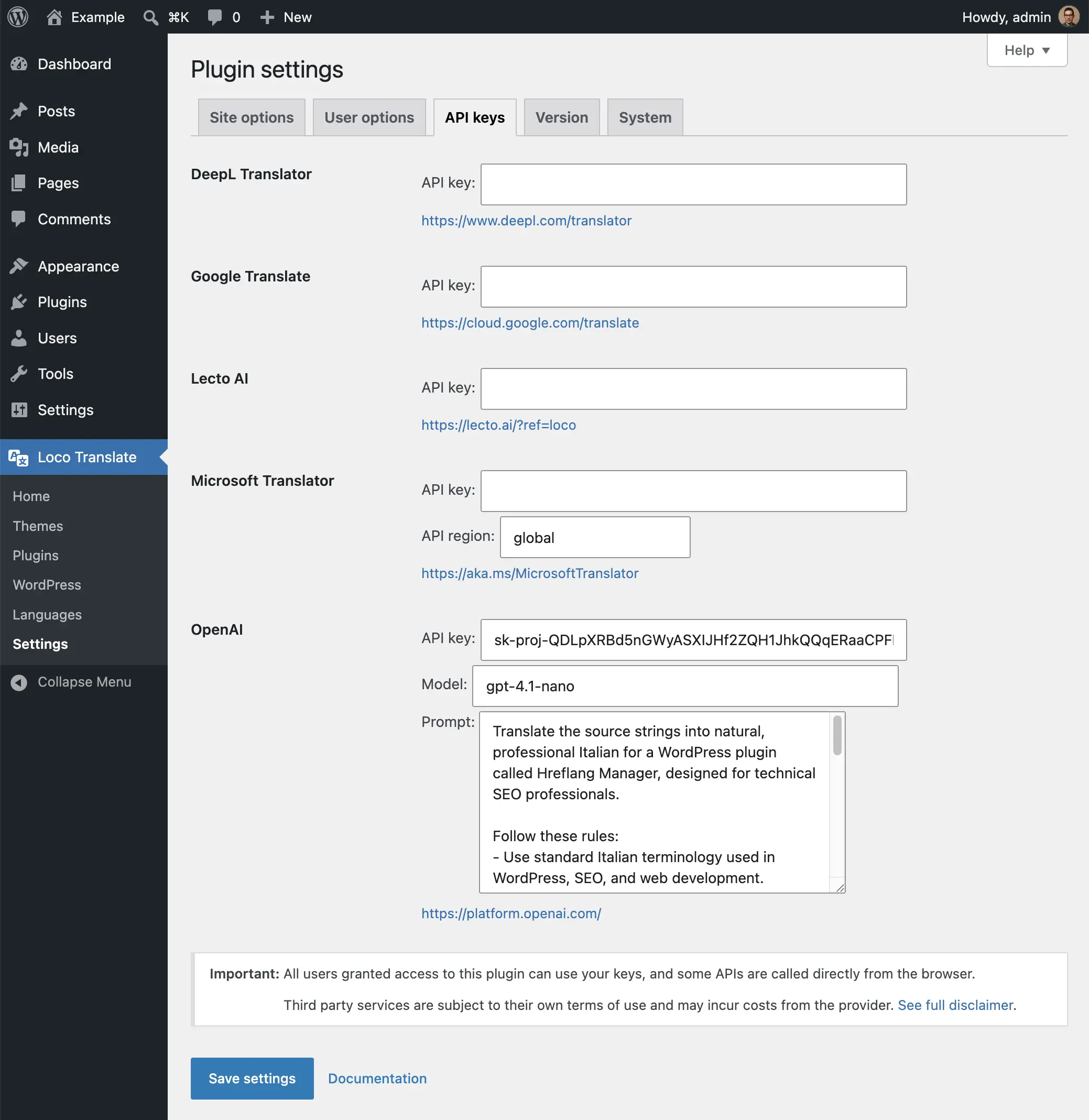 Loco Translate settings page showing the API keys tab with the fields for the supported translation providers